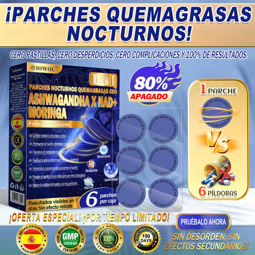 IOWOL ® PARCHES QUEMAGRASAS NOCTURNOS! ¡CERO PÍLDORAS, CERO DESPERDICIO, CERO ESFUERZO Y 100 % RESULTADOS!